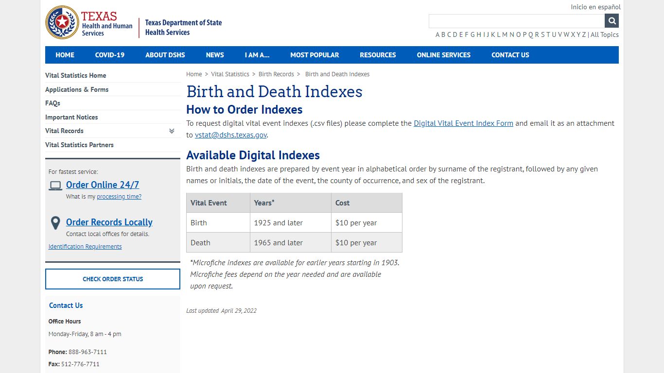 Birth and Death Indexes - Texas Department of State Health Services